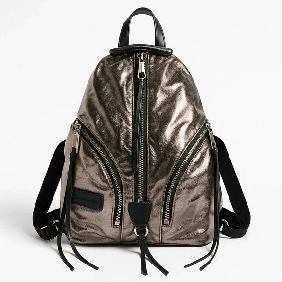 Rebecca Minkoff Julian Backpack Metallic Foil Leather Gunmetal Silver - Picture 2 of 14